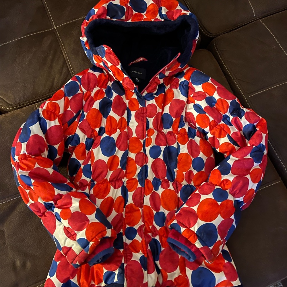 Land’s End, girls 10-12, red, white and blue polka dot lined coat with hood